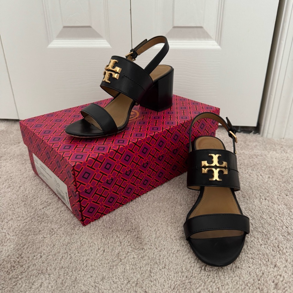 Tory Burch Black Sandals with Gold Logo
